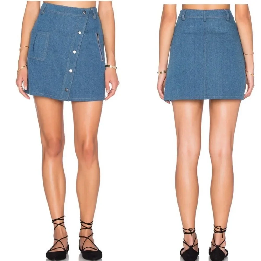 JOA Los Angeles Blue Denim Snap Front A-Line Mini Skirt Sz L NWT